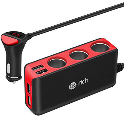 Picture of Te-Rich 3-Socket Cigarette Lighter Power Adapter DC Outlet Splitter 6.8A 4 Port USB Car Charger for Cell Phones, Dash Cam, GPS and More (Red)
