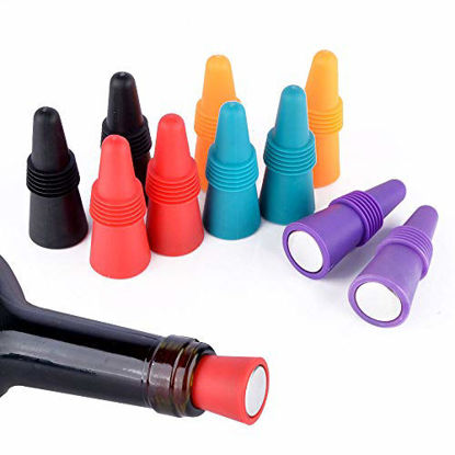 Picture of SZUAH Wine Bottle Stopper (Set of 10), Silicone Reusable Wine and Beverage Bottle Stopper with Grip Top, Assorted Color.(Red, Blue, Orange, Purple, Black)