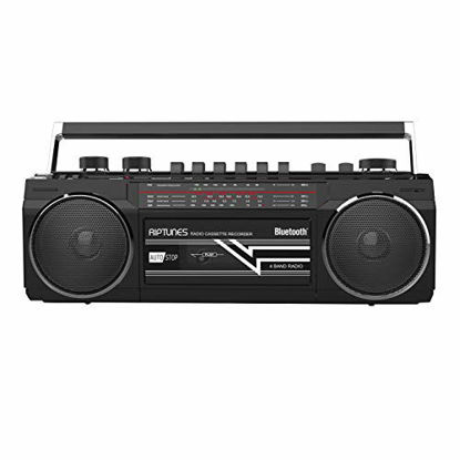 Picture of Riptunes Cassette Boombox, Retro Blueooth Boombox, Cassette Player and Recorder, AM/FM/SW-1-SW2 Radio-4-Band Radio, USB, SD, and Aux in, Black