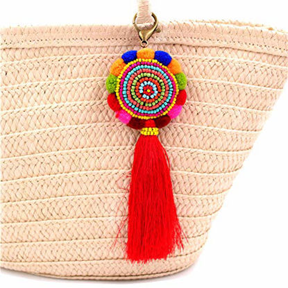 Picture of QTMY Colorful Pom Pom Tassel Long Bag Charm Pendant Keyring Keychain for Women Purse Handbag Decor (1)