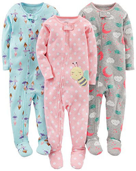 Picture of Simple Joys by Carter's Baby Girls' 3-Pack Snug-Fit Footed Cotton Pajamas, Ballerina/Moon/Bee, 6-9 Months