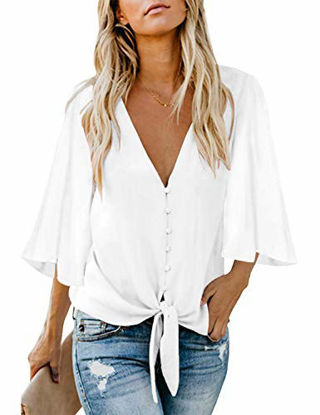 Picture of luvamia Women's V Neck Tops Ruffle 3/4 Sleeve Tie Knot Blouses Button Down Shirts, Off White Button Down Size XL