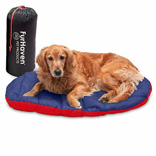 Picture of Furhaven Pet Dog Bed - Trail Pup Packable Outdoor Travel Pet Camping Pillow Bed Stuff Sack with Bag for Dogs and Cats, Flame Red and True Blue, Large