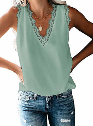 Picture of HARHAY Women's V Neck Lace Trim Casual Tank Tops Sleeveless Blouses Shirts Teal S