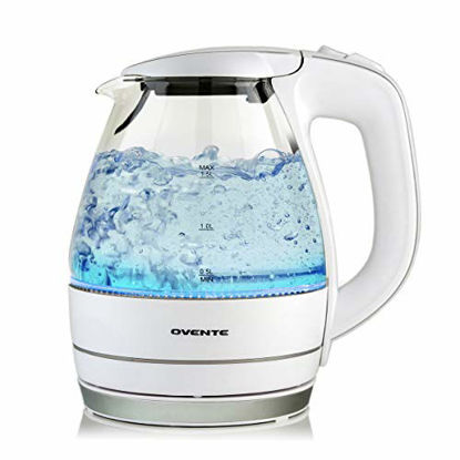 Picture of Ovente Portable Electric Glass Kettle 1.5 Liter with Blue LED Light and Stainless Steel Base, Fast Heating Countertop Tea Maker Hot Water Boiler with Auto Shut-Off & Boil Dry Protection, White KG83W