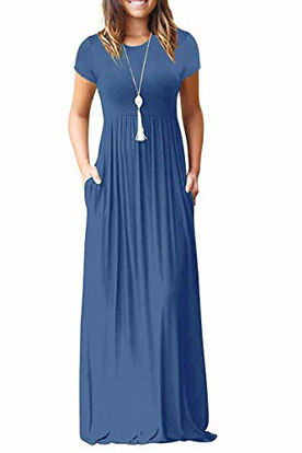 Picture of AUSELILY Women Solid Plain Short Sleeve Loose Casual Long Maxi Dresses with Pockets Medium Blue Grey Blue (XS,01Beja Blue)