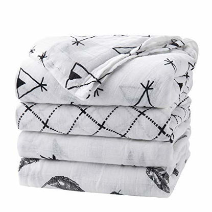 Picture of upsimples Baby Swaddle Blanket Unisex Swaddle Wrap Soft Silky Bamboo Muslin Swaddle Blankets Neutral Receiving Blanket for Boys and Girls, Large 46 x 45 inches, Set of 4-Arrow/Feather/Tent/Crisscross