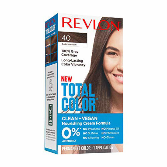 Picture of Revlon Total Color Permanent Hair Color, Clean and Vegan, 100% Gray Coverage Hair Dye, 40 Dark Brown, 3.5 oz
