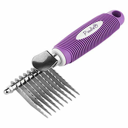 Picture of Poodle Pet Dematting Fur Rake Comb Brush Tool - with Long 2.5 Inches Steel Safety Blades for Detangling Matted or Knotted Undercoat Hair.