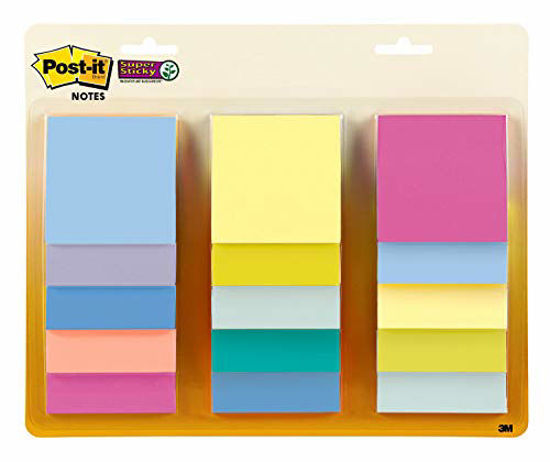 Picture of Post-it Super Sticky Notes, 3x3 in, Assorted Pastel Colors, 15 Pads, 2X The Sticking Power, Recyclable (654-15SSPS)
