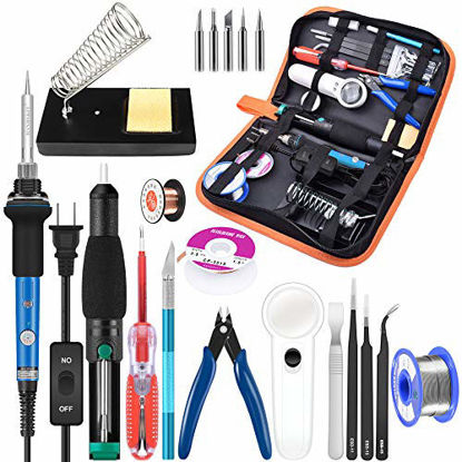 Picture of Soldering Iron Kit Electronics, 21-in-1, 60W Adjustable Temperature Soldering Iron, 5pcs Soldering Iron Tips, Soldering Iron Stand, Desoldering Pump, Magnifier, Solder Wire, Tweezer, PU Carry Bag