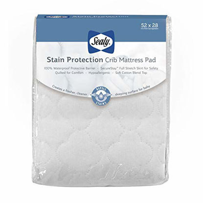 Picture of Sealy Stain Protection Waterproof Fitted Toddler & Baby Crib Mattress Pad Cover/Protector, White, 52 x 28
