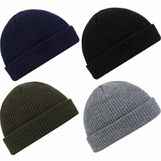 Picture of SATINIOR 4 Pieces Trawler Beanie Watch Hat Roll up Edge Skullcap Fisherman Beanie Unisex (Black, Dark Gray, Green, Navy Blue)