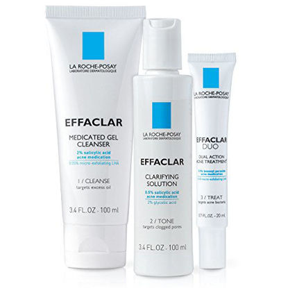 Picture of La Roche-Posay Effaclar Dermatological Acne Treatment 3-Step System with Medicated Gel Cleanser, Clarifying Solution and Effaclar Duo, 2-Month Supply