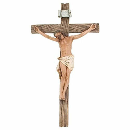 Picture of Roman Traditional Figure Textured Wood Look 4.25 x 8 Resin Stone Wall Crucifix