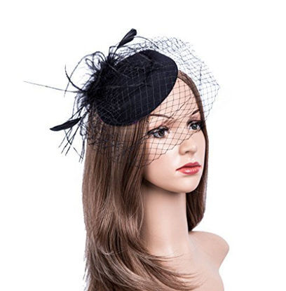 Picture of Fascinators Hats 20s 50s Hat Pillbox Hat Cocktail Tea Party Headwear with Veil for Girls and Women(1-B1-black)