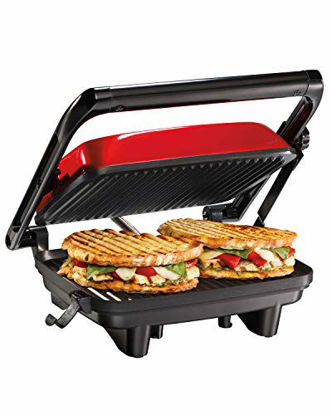 Picture of Hamilton Beach Electric Panini Press Grill with Locking Lid, Opens 180 Degrees for Any Sandwich Thickness, Nonstick 8" X 10" Grids, Red (25462Z)