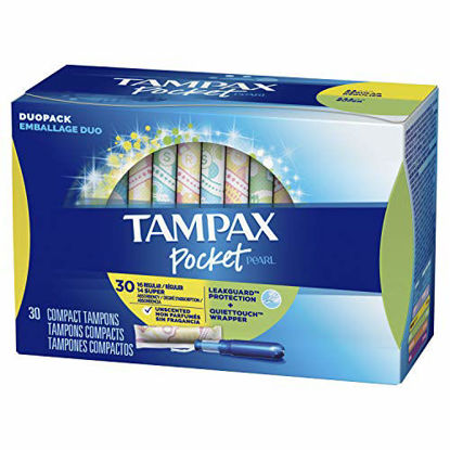 Picture of Tampax Pocket Pearl Plastic Tampons, Duopack (Regular/Super Absorbency), Unscented, 30 Count (Packaging May Vary)