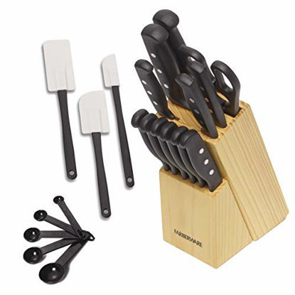Picture of Farberware 22-Piece Never Needs Sharpening Triple Rivet High-Carbon Stainless Steel Knife Block and Kitchen Tool Set, Black