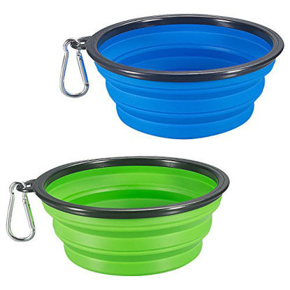 Picture of COMSUN 2-Pack Extra Large Size Collapsible Dog Bowl, Food Grade Silicone BPA Free, Foldable Expandable Cup Dish for Pet Cat Food Water Feeding Portable Travel Bowl Blue and Green Free Carabiner