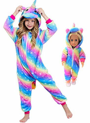 Picture of Unicorn Pajamas Onesie Costume Matching Doll & Girls Gifts (Moon blue rose, 3-4 Years)