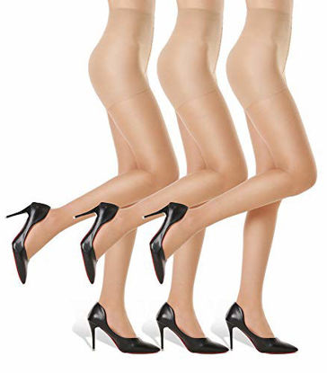 Picture of 3 Pairs Women's Sheer Tights - 20D Control Top Pantyhose with Reinforced Toes, Nude, XL