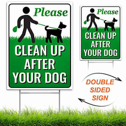 Picture of Signs Authority Clean Up After Your Dog 12" x 9" Yard Sign with Metal Wire H-Stakes Included | Quick & Easy to Mount Weather Resistant Long Lasting | No Pooping Dog Lawn Signs | Corrugated Plastic