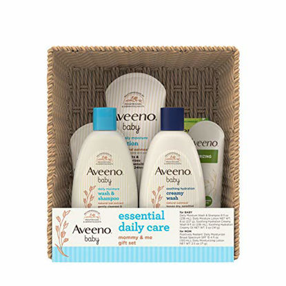 Picture of Aveeno Baby Essential Daily Care Baby & Mommy Gift Set featuring a Variety of Skin Care and Bath Products to Nourish Baby and Pamper Mom, Baby Gift for New and Expecting Moms, 7 items