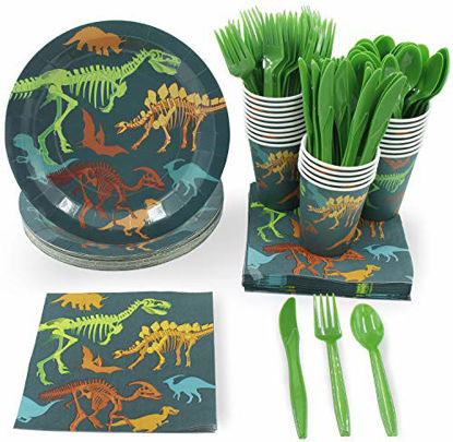 Picture of Dinosaur Party Bundle, Includes Plates, Napkins, Cups, and Cutlery (24 Guests,144 Pieces)