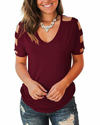 Picture of Jescakoo Summer Short Sleeve Cute T Shirts for Women Hi Lo Tops Blouse Wine L