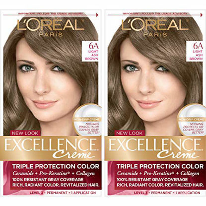 Picture of L'Oreal Paris Excellence Creme Permanent Hair Color, 6A Light Ash Brown, 100 percent Gray Coverage Hair Dye, Pack of 2
