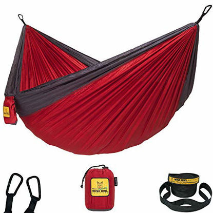 Picture of Wise Owl Outfitters Hammock for Camping Single & Double Hammocks Gear for The Outdoors Backpacking Survival or Travel - Portable Lightweight Parachute Nylon DO Red & Charcoal