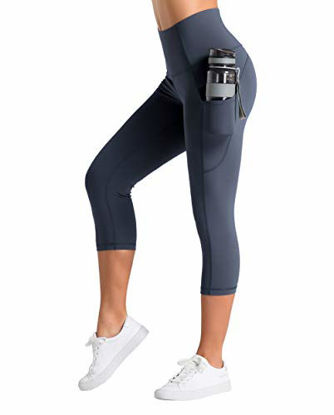 Picture of THE GYM PEOPLE Thick High Waist Yoga Pants with Pockets, Tummy Control Workout Running Yoga Leggings for Women (Large, Z-Capris Ink Blue)