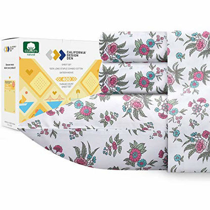 Picture of 100% Cotton 400-Thread-Count Bedsheets - 4-Piece Anthro Florals - Multicolor Printed California King Sheet Set - Long Staple Cotton, Sateen Weave, Deep Pockets Fit Mattress 16"
