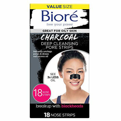 Picture of Bioré Charcoal Deep Cleansing Pore Strips, Nose Strips for Blackhead Removal on Oily Skin, with Instant Pore Unclogging, Features Natural Charcoal, See 3x Less Oil, 18 Count