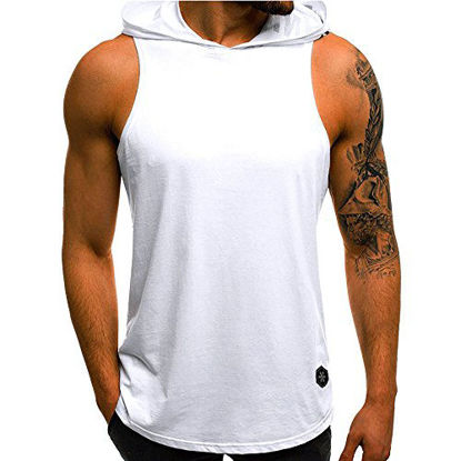 Picture of WUAI Men's Casual Hoodies Workout Tank Tops Sleeveless Sport Pullover Sweatshirt Loose Tops T-Shirt (US Size L = Tag XL, White)