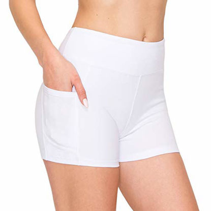 Picture of ALWAYS Women's 3" Bike Shorts with Pockets - High Waist Compression Running Workout Athletic Yoga Pants White L