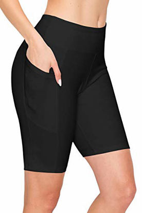 Picture of ALWAYS Women's 8" Bike Shorts with Pockets - High Waist Compression Running Workout Athletic Yoga Pants Black L