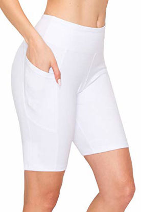 Picture of ALWAYS Women's 8" Bike Shorts with Pockets - High Waist Compression Running Workout Athletic Yoga Pants White XL