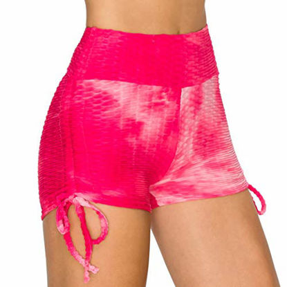 Picture of ALWAYS Women's Tie Dye Yoga Shorts - High Waist Basic Athletic Dance Work Out Running Butt Lift Ruched Self Tie Booty Short Fuchsia White S