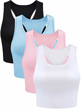 Picture of 4 Pieces Basic Crop Tank Tops Sleeveless Racerback Crop Sport Cotton Top for Women (Black, White, Blue, Pink, Small)