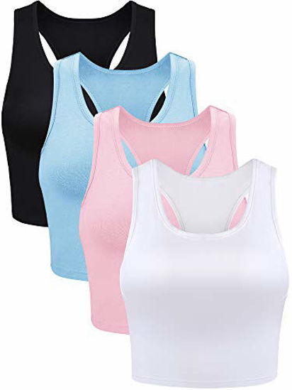 GetUSCart- 4 Pieces Basic Crop Tank Tops Sleeveless Racerback Crop Sport  Cotton Top for Women (Black, White, Blue, Pink, Small)
