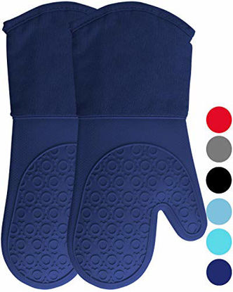 Picture of HOMWE Extra Long Professional Silicone Oven Mitt, Oven Mitts with Quilted Liner, Heat Resistant Pot Holders, Flexible Oven Gloves, Blue,1 Pair, 13.7 Inch