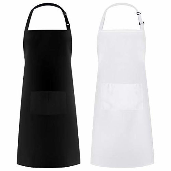 Picture of Syntus Adjustable Bib Apron Thicker Version Waterdrop Resistant with 2 Pockets Cooking Kitchen Aprons for Women Men Chef, White & Black Pack of 2