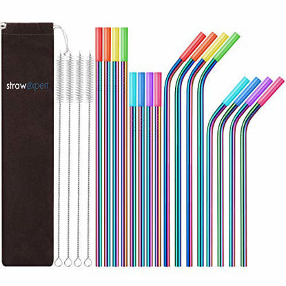 Picture of StrawExpert 16 Pack Rainbow Color Reusable Metal Straws with Silicone Tip & Travel Case & Cleaning Brush,Colored Long Stainless Steel Straws Drinking Straw for 20 and 30 oz Tumbler
