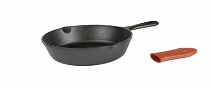 Picture of Lodge Cast Iron Skillet with Red Mini Silicone Hot Handle Holder, 8-inch