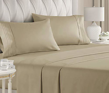 Picture of California King Size Sheet Set - 4 Piece - Hotel Luxury Bed - Extra Soft - Deep Pockets - Breathable & Cooling - Wrinkle Free - Comfy - Beige Tan Sheets - Cali Kings Sheets Beige Tan 4PC