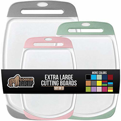 Picture of Gorilla Grip Original Oversized Cutting Board, 3 Piece, Perfect for the Dishwasher, Juice Grooves, Larger Thicker Boards, Easy Grip Handle, Non Porous, Extra Large, Set of 3, Gray, Mint, Pink
