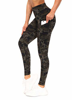 Picture of THE GYM PEOPLE Thick High Waist Yoga Pants with Pockets, Tummy Control Workout Running Yoga Leggings for Women (Medium, Army Green Camo)