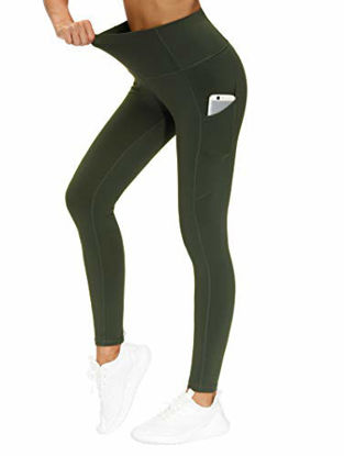 Picture of THE GYM PEOPLE Thick High Waist Yoga Pants with Pockets, Tummy Control Workout Running Yoga Leggings for Women (Large, Dark Olive)